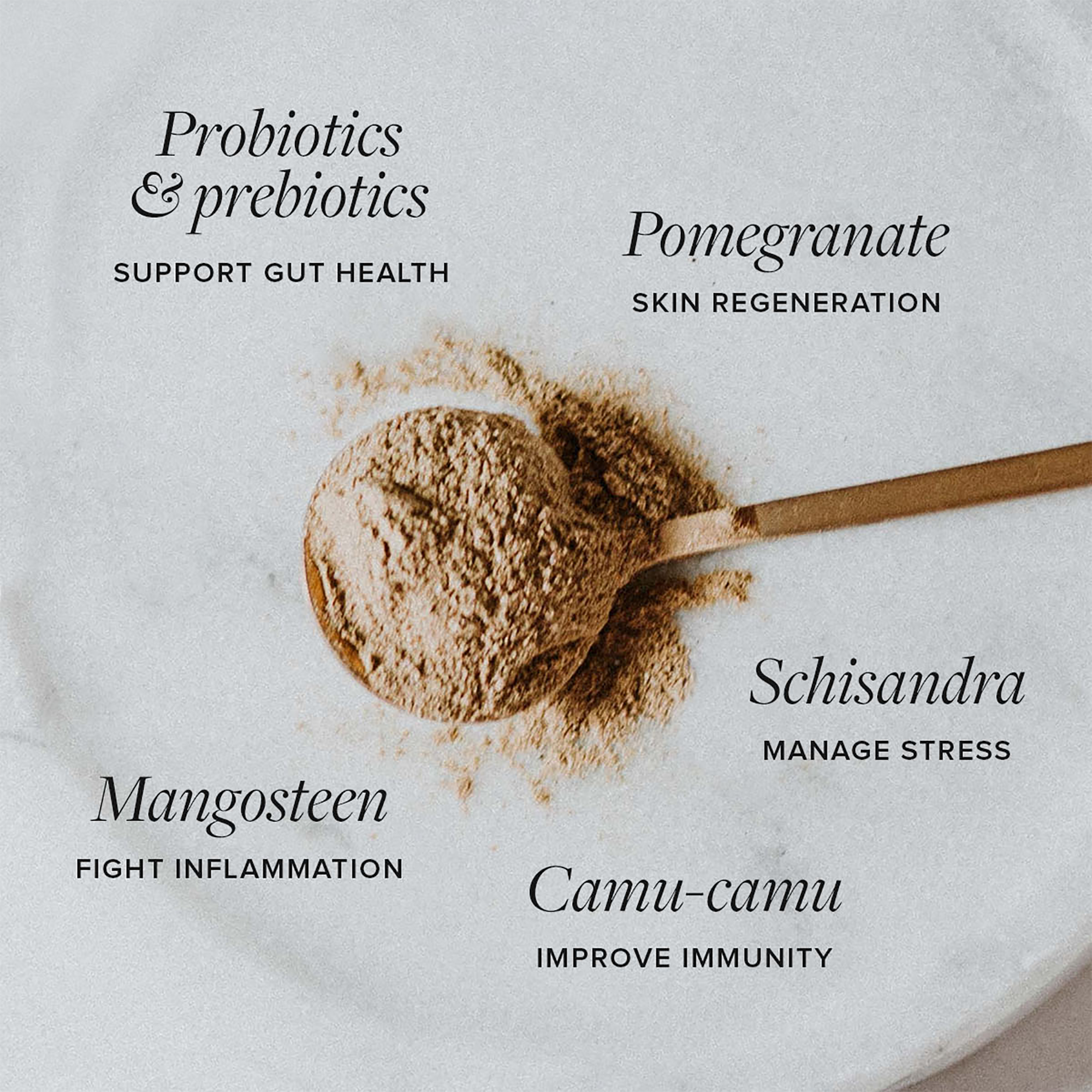 Rose gold spoon with the ingredient breakdown